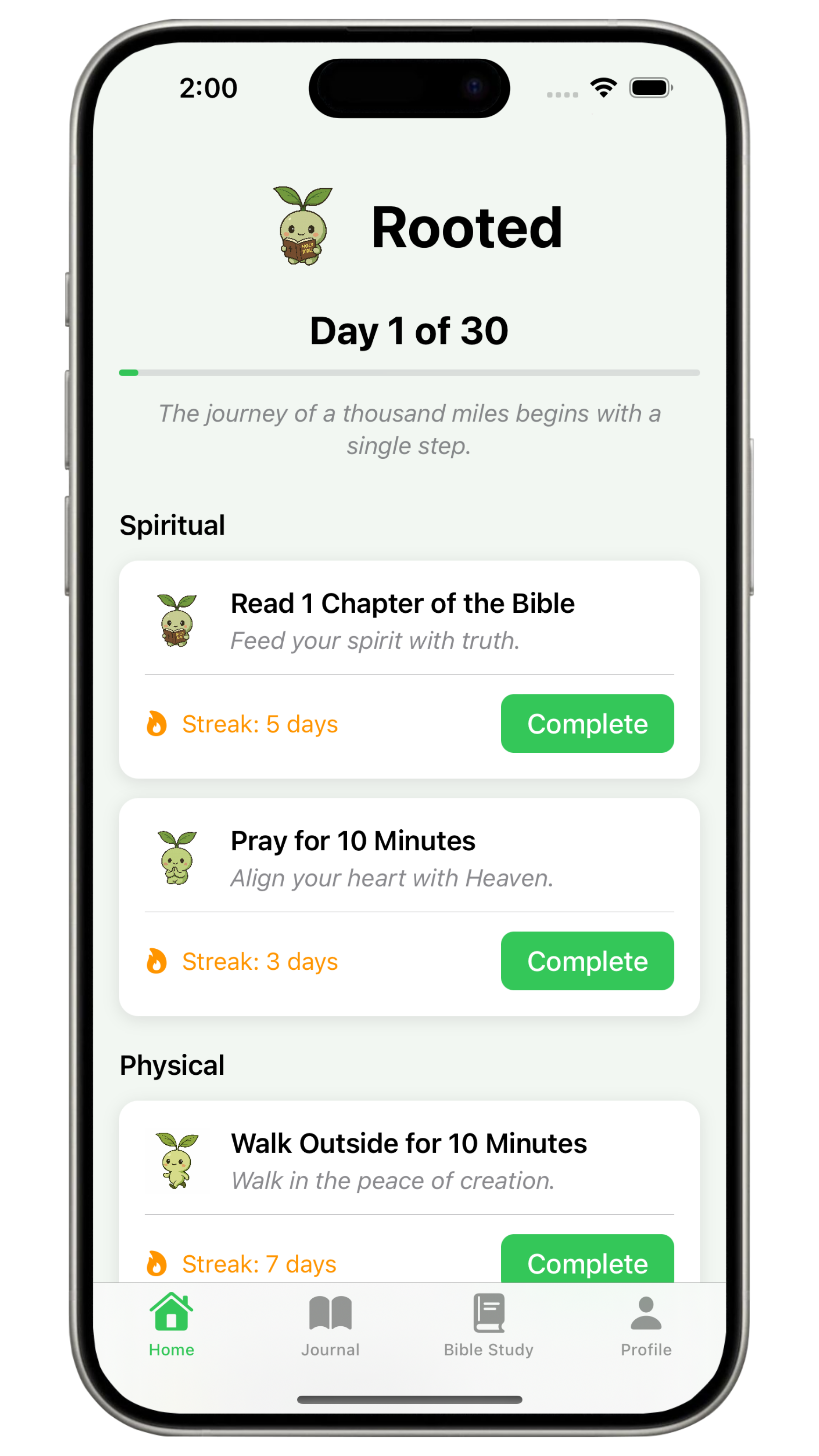 Rooted App Screenshot showing the daily spiritual challenge interface